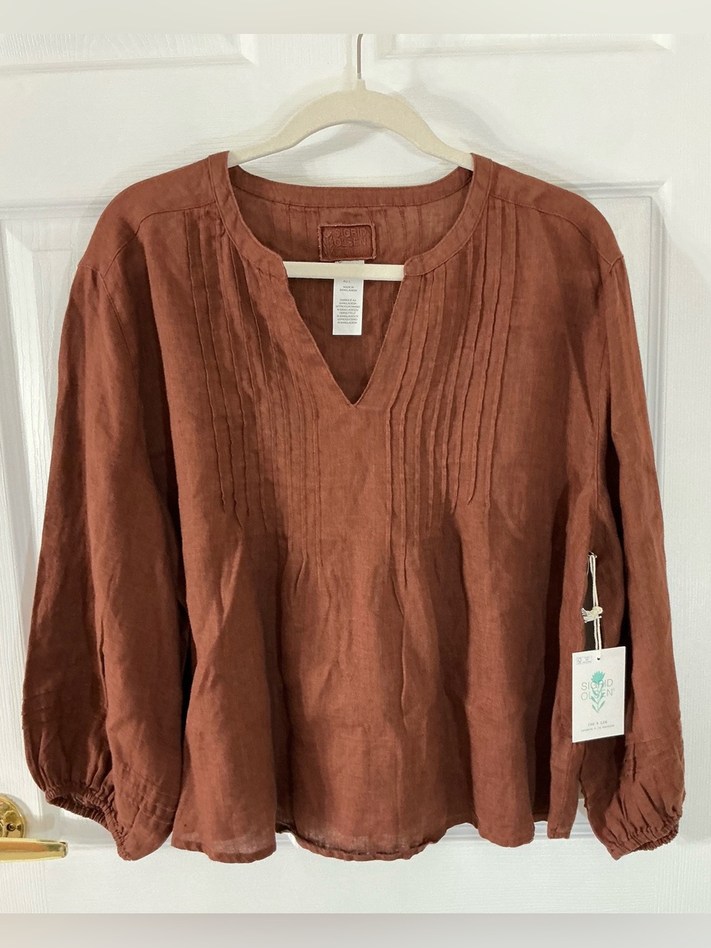 Sigrid Olsen 100% Linen Pintuck V-Neck Blouse Top Rust Brown Large NWT
